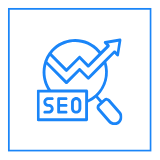 A magnifying glass and an arrow up with the label SEO