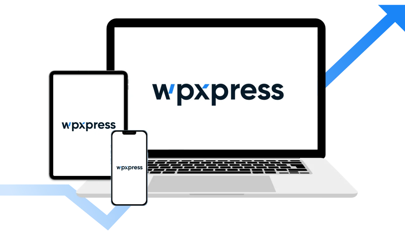 Logo of wpXPRESS showing on a laptop, tablet and phone with a blue arrow at the back