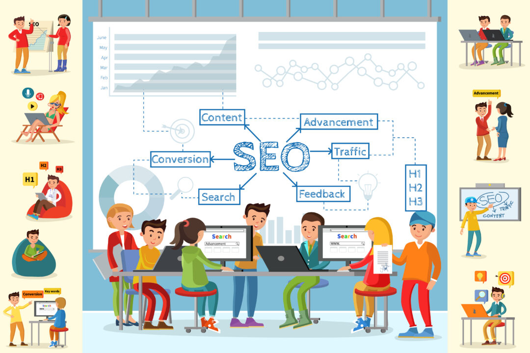 Business analysis infographic concept with people working in an office on optimization of  seo metrics and strategy indicators vector illustration