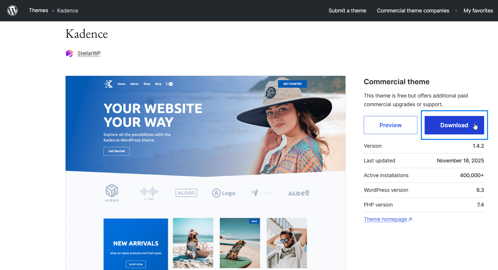 Clicking the Download button on a theme page on WordPress.org