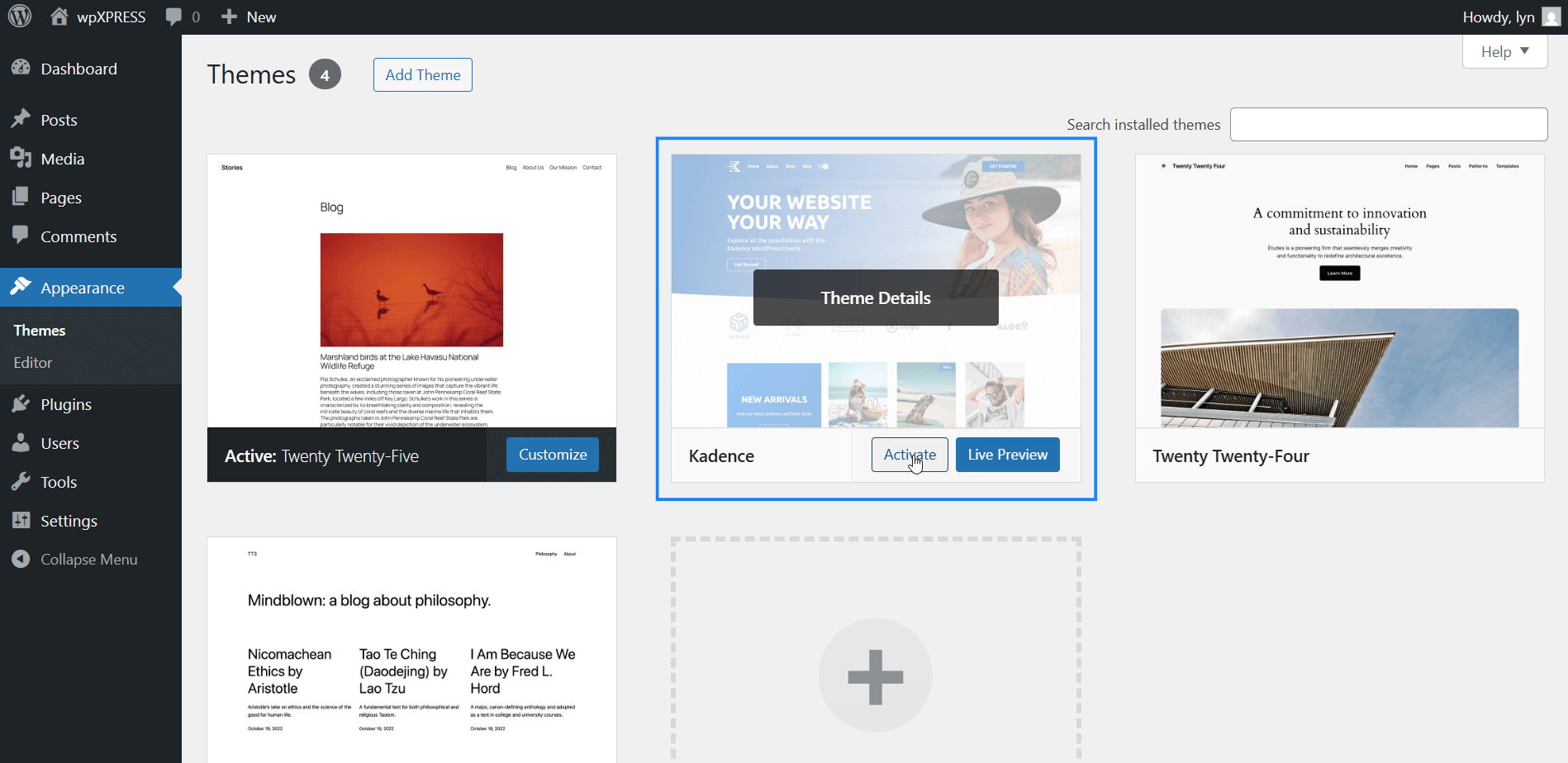 Click Activate button on a WordPress theme