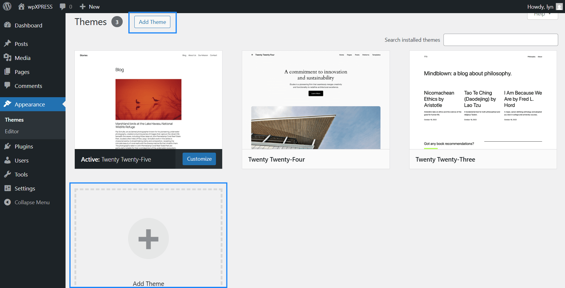 Clicking the Add Theme button in WordPress