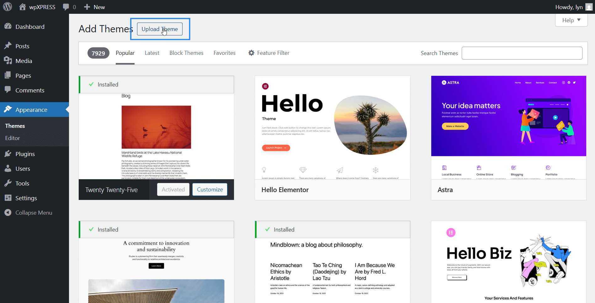 Clicking the Upload Theme button in WordPress